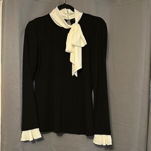 Black and White Long Sleeve Tie Front Blouse